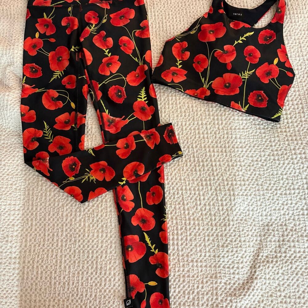 Terez Poppy Floral Matching Workout Set Bra Small Leggings XS Dopamine Dressing